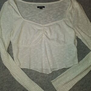 Wild Fable White Ribbed Square Neck Ruched Crop Top Long Sleeve Women L